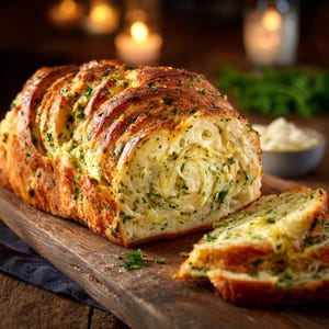 Può includere: Una pagnotta di pane all'aglio affettata su un tagliere di legno. Il pane è marrone dorato con erbe e spezie visibili. Due fette sono tagliate e poste davanti alla pagnotta. Una piccola ciotola di salsa bianca è sullo sfondo.