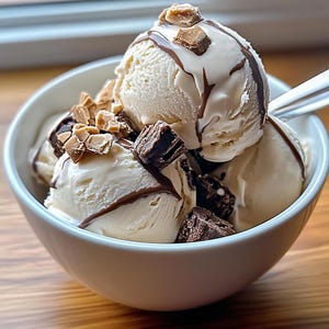 Peut inclure: Un bol blanc rempli de glace à la vanille surmontée de sauce au chocolat et de morceaux de chocolat et de caramel.