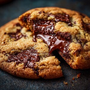 Peut inclure: Gros plan sur un cookie aux pépites de chocolat fraîchement cuit, cassé en deux. L'extérieur est doré et croustillant, tandis que le centre révèle du chocolat fondu. L'image met en valeur la gourmandise du dessert.