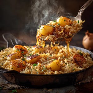 Peut inclure: Une poêle en fonte remplie de noix de Saint-Jacques dorées et de riz mélangé à des oignons caramélisés et des herbes fraîches. Une cuillère en métal soulève une portion de riz et de noix de Saint-Jacques fumantes de la poêle.