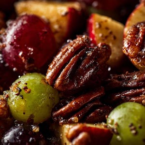 Peut inclure: Un mélange de fruits et de noix composé de noix de pécan brunes brillantes, de raisins verts éclatants, de raisins rouges foncés et de morceaux de pomme en dés. Les ingrédients sont enrobés d'un glaçage texturé avec des cristaux de sucre.