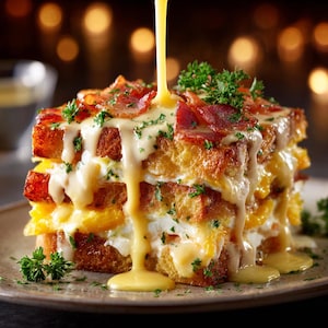 May include: A stacked sandwich featuring layers of toasted bread, cooked eggs, and crispy bacon pieces. A thick, creamy yellow sauce is being poured over the top, drizzling down the sides. The dish is garnished with fresh green parsley flakes.