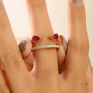 Unique 1.04Ct Pear-Cut Ruby and Diamond Open Band Ring- 14K Solid Gold Ring Enhancer