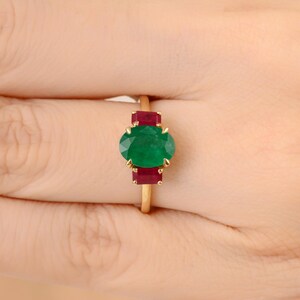 Oval Cut 2.1Ct Emerald & Ruby Three Stone Ring- 14K Yellow Gold Fine Jewelry
