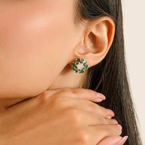 Floral Emerald & Diamond Cluster Stud Earrings– 14K Gold Cluster Boho Studs- May Birthstone Jewelry Gift- Designer Earrings For Her