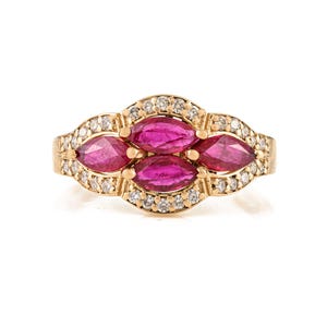 Ruby Marquise Cluster Ring - 14K Yellow Gold Diamond Halo, Vintage Style