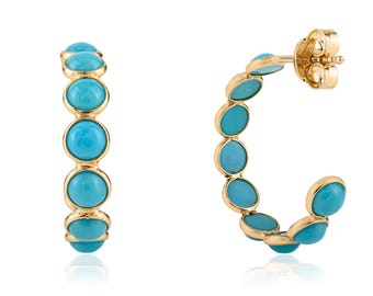 18K Gold Turquoise Hoop Earrings, December Birthstone