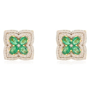 Elegant Emerald and Diamond Cluster Stud Earrings- 14K Gold Floral Design- Vintage Inspired Fine Jewelry- Wedding Earrings For Women