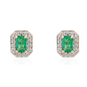 Octagon Shape Emerald Halo Diamond Stud- Halo Set Diamond & Green Stone Earrings- Bridesmaid Gifts- Anniversary Gifts- Statement Earrings