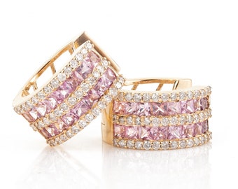 18 kt goudkleurige roze saffieroorbellen: Huggies-sieraden met diamant