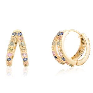 14K Gold Multi Sapphire Huggie Hoops: Women&#39;s Daily Earrings