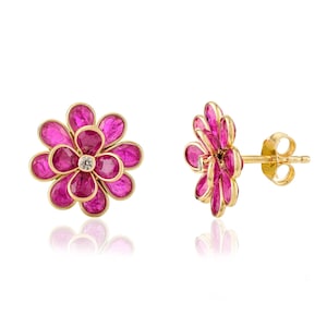 Ruby Floral Stud Earrings: 18K Gold Pear Cut Diamond Halo