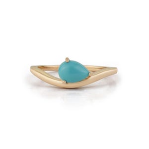 18K Yellow Gold Pear Cut Turquoise Ring, 0.74 Carat Natural Turquoise Solitaire Ring, Teardrop Gemstone Ring, December Birthstone