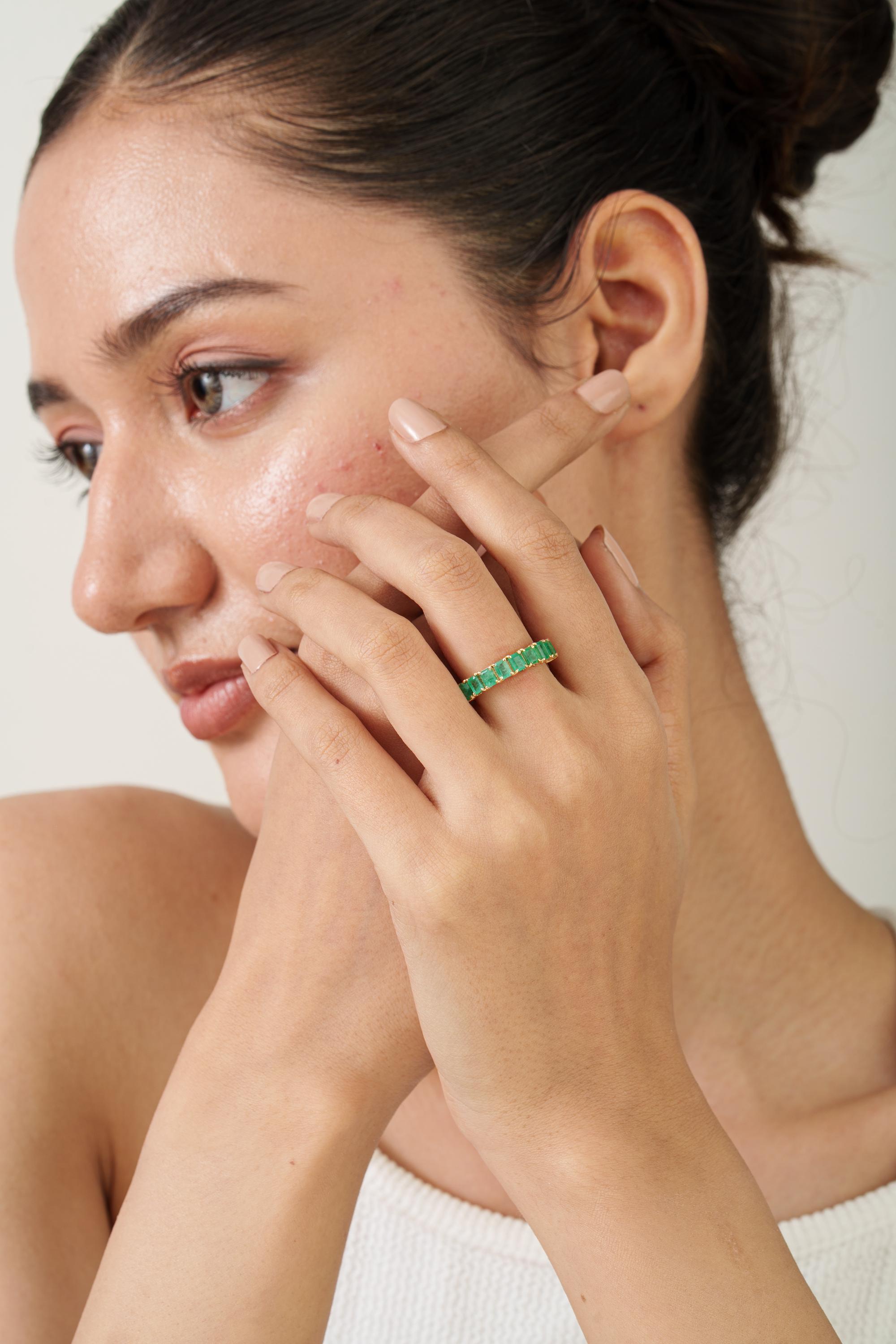 14K Yellow Gold Emerald Eternity Ring – Octagon Cut Natural Gemstone ...