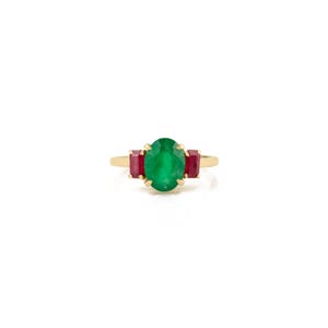 Oval Cut 2.1Ct Emerald & Ruby Three Stone Ring- 14K Yellow Gold Fine Jewelry