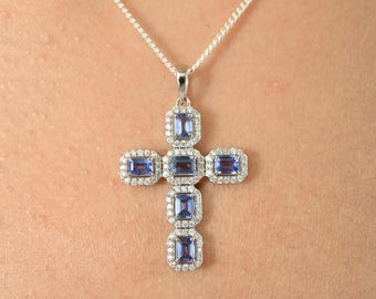 Diamond & Blue Sapphire Cross Pendant- September Birthstone- 14K White Gold Cross- Confirmation Gifts- Christian Jewelry for Men And Women