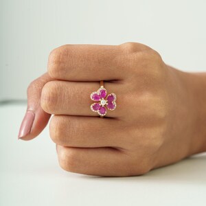 Modernist Flower Design Ruby & Diamond Gemstone Ring- Cluster Engagement  Ring In 14K Gold- 1st Anniversary Present
