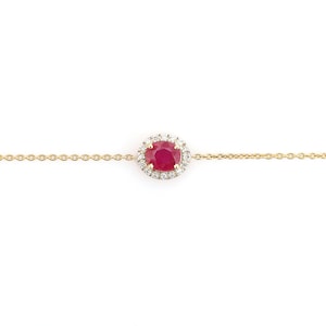 14K Gold Ruby Bracelet- Halo Diamond Bracelet- Layering Bracelet For Her
