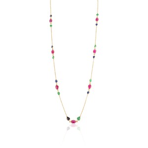 May include: A gold chain necklace with red, green, and blue gemstones. The necklace is on a white background.