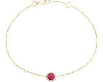 14K Solid Gold Ruby Bezel Bracelet, July Birthstone, Minimalist Round Bracelet