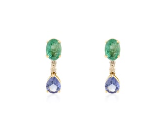 Emerald & Sapphire Drop Earrings – 14K Solid Gold Fine Jewelry