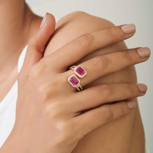 Emerald Cut Ruby Halo Ring, 14K Solid Gold Diamond Accent, July Birthstone Engagement Ring