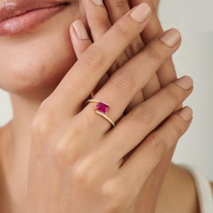 Ruby Emerald Cut Ring 14K Gold, Diamond Wrap Ring, July Birthstone Ring, Open Band Ruby Ring, Unique Engagement Ring, Gemstone Ring