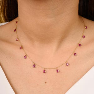 18k Solid Gold Ruby Station Necklace: Graduated Pear Charm Choker