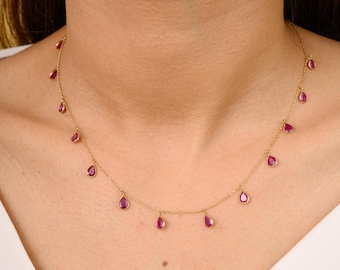 18k Solid Gold Ruby Station Necklace: Graduated Pear Charm Choker