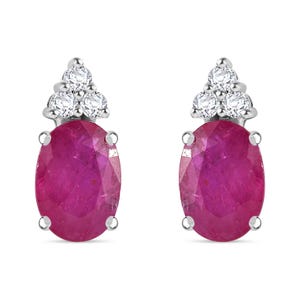 Genuine Ruby and Diamond Oval Studs- 14k Solid White Gold Gemstone Earrings- Trinity Diamond Dainty Daily Wear Push Back Stud- Gifts For Her