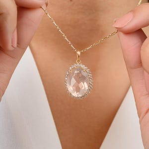 Pink Quartz & Diamond Halo Pendant: 14K Gold Boho Solitaire