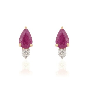 Pendientes de botón con forma de gota de rubí y diamante auténticos - Pendientes pequeños de oro macizo de 14 quilates para uso diario