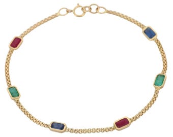 18K Gold Gemstone Bracelet: Emerald, Ruby, Sapphire Birthstone Jewelry