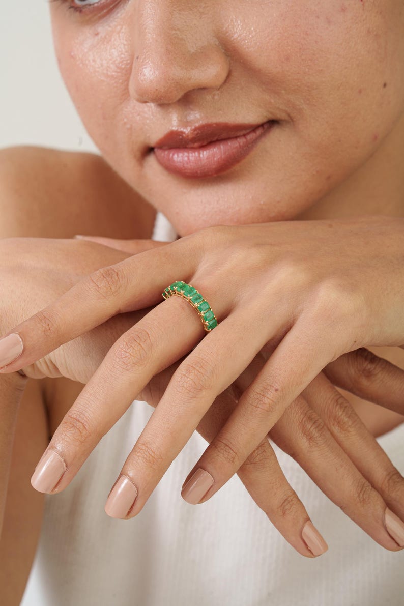 14K Yellow Gold Emerald Eternity Ring – Octagon Cut Natural Gemstone ...
