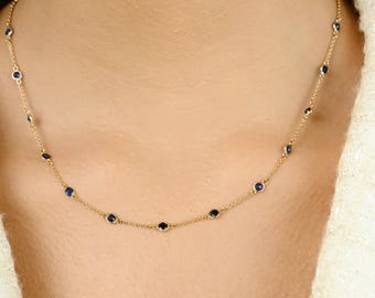 Round Cut 3 CT Blue Sapphire Choker Necklace- Sapphire By The Yard Chain Station Necklace- September Birthstone Jewelry- Necklace For Her