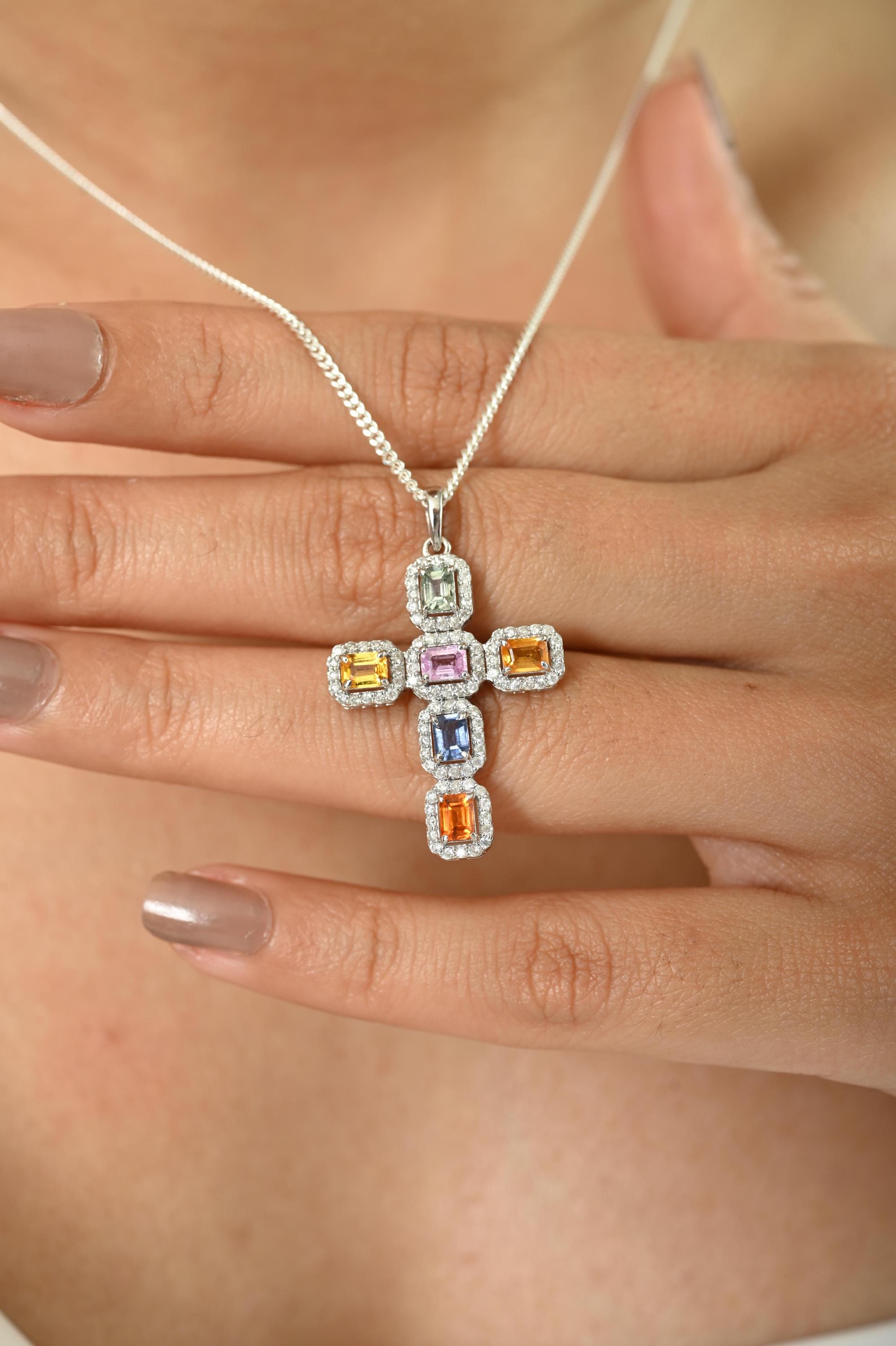 Multi Sapphire Diamond Cross Pendant- Christian Jewelry for Men & Women- Religious Gift- Perfect Symbol of Faith and Style by Caratandher