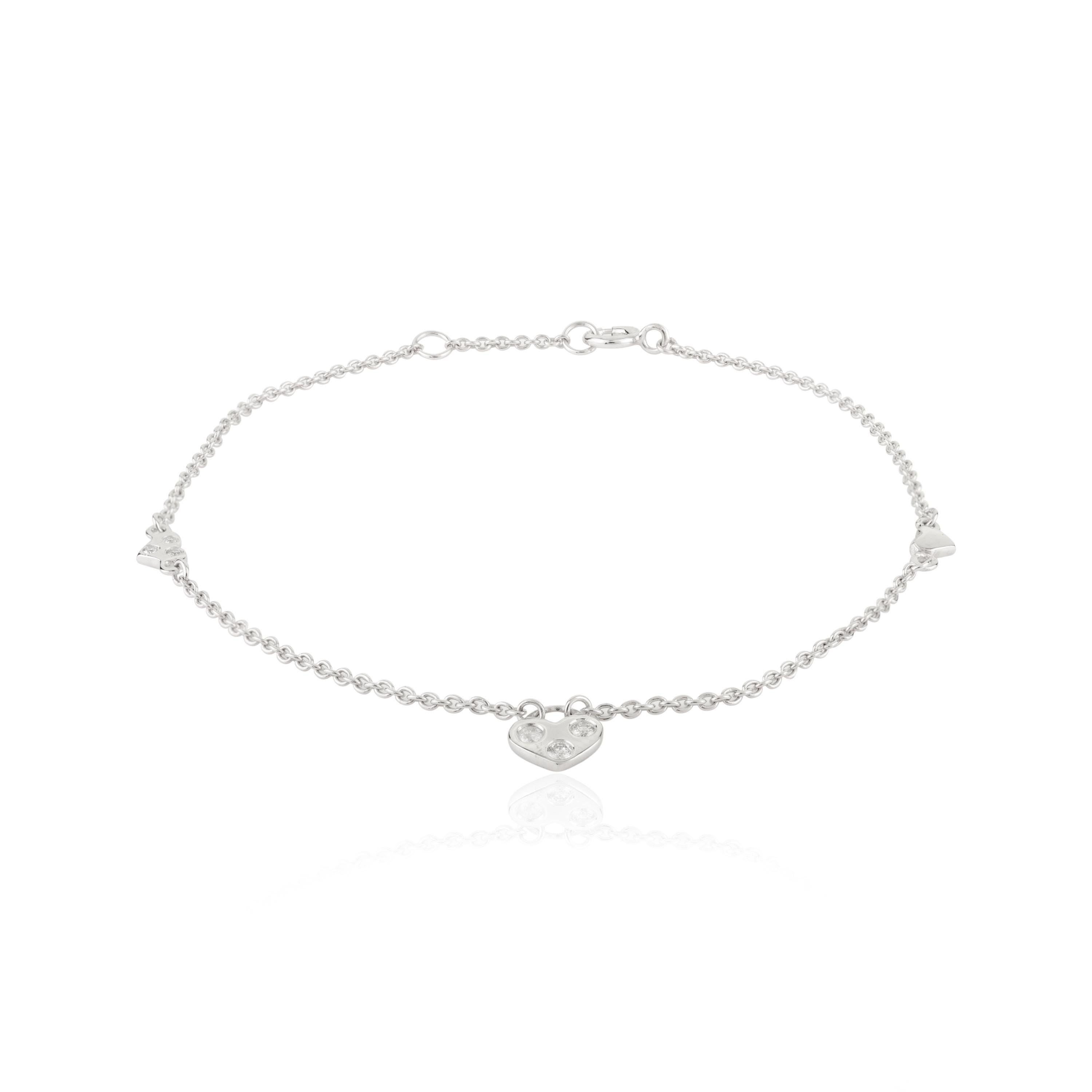 14k White Gold Diamond Heart Bracelet: Minimalist Stacking Chain