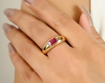 Anillo de sello de oro de 14k con rubí – Gema roja talla esmeralda
