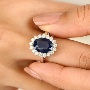 Princess Diana Ring- 4.54 ct Blue Sapphire Halo Diamond Ring- Oval Gemstone Wedding Ring- 14K White Gold Ring- September Birthstone Ring