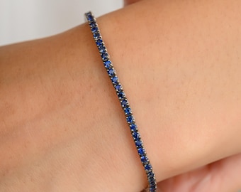 Sleek Blue Sapphire Bracelet- 18K Solid Gold Dainty Bracelet For Her- Prong Setting Tennis Bracelet- Birthday Present- Push Present