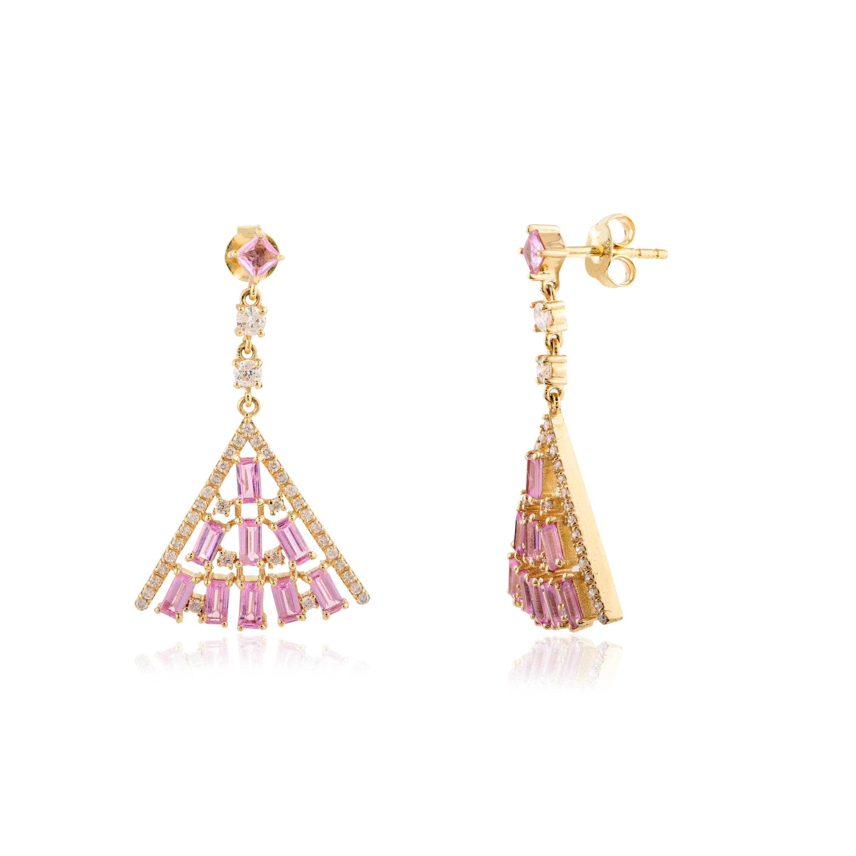 Designer Pyramid Dangle Earrings- Pink Sapphire & Diamond Statement Ring- Baguette Cut Pink Stone Christmas Earrings- Gifts For Women
