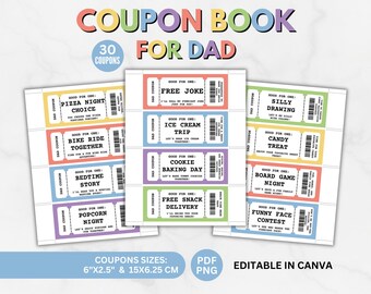 Kuponghäfte för pappa, utskrivbar present till pappa, 30 kuponger, redigerbar i Canva