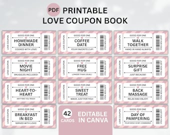 Love Coupon Book Printable, Romantic Gift for Couples, Editable Canva Template, Personalized PDF