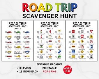 Caça ao Tesouro para Viagem de Carro - Jogo Imprimível, Jogo de Carro para Crianças, 3 Níveis, Editável no Canva, PDF e PNG