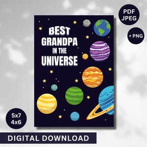 Carte de fête des pères pour grand-père, carte d'anniversaire de grand-père, meilleur grand-père de l'univers, carte de voeux imprimable, thème de l'espace, fichier PDF