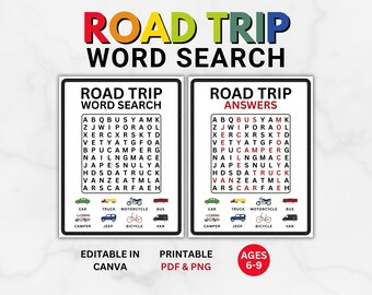 Jogo de caça-palavras para viagem de carro, atividade de viagem para crianças, editável (PDF e PNG)