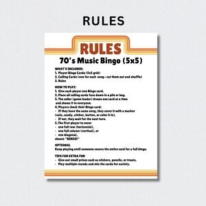 May include: A white card with the title "RULES" at the top and "70's Music Bingo (5x5)" in the center. The card details what's included, how to play, and tips for extra fun. The text is in a retro-style font with orange and brown accents.
