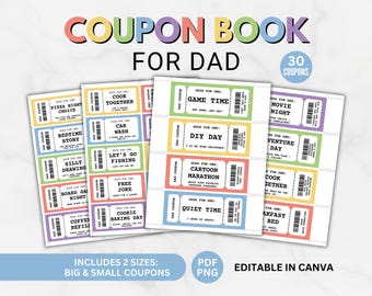Livro de Cupons para o Dia dos Pais, Presente Imprimível para o Papai, 30 Cupons, Editável no Canva