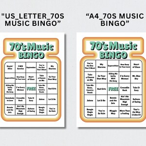 May include: Two retro-style bingo cards with a 70s music theme. The cards feature a cream background with orange and yellow accents. Each square contains a song title. The text "70's Music Bingo" is at the top.
