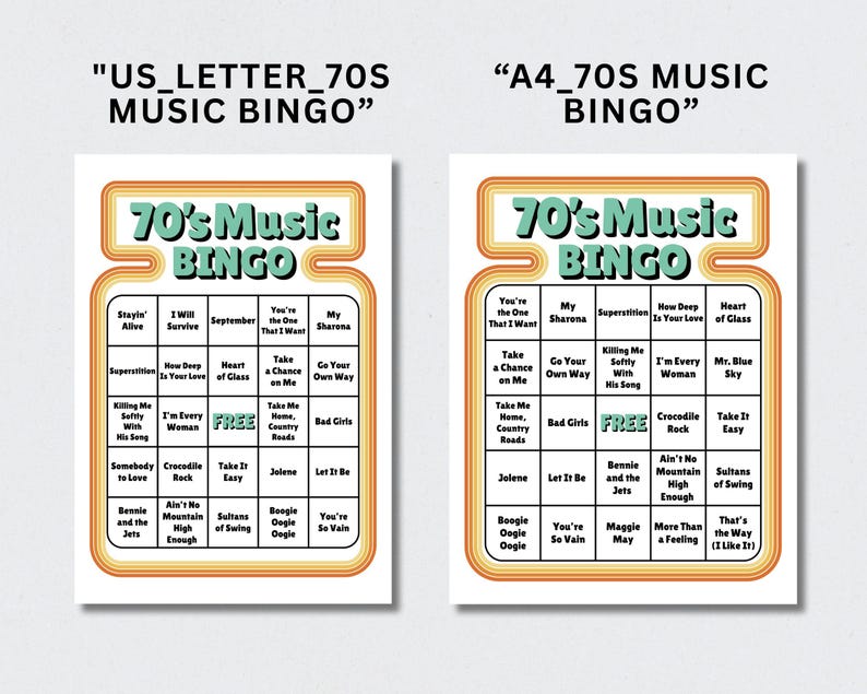 May include: Two retro-style bingo cards with a 70s music theme. The cards feature a cream background with orange and yellow accents. Each square contains a song title. The text "70's Music Bingo" is at the top.
